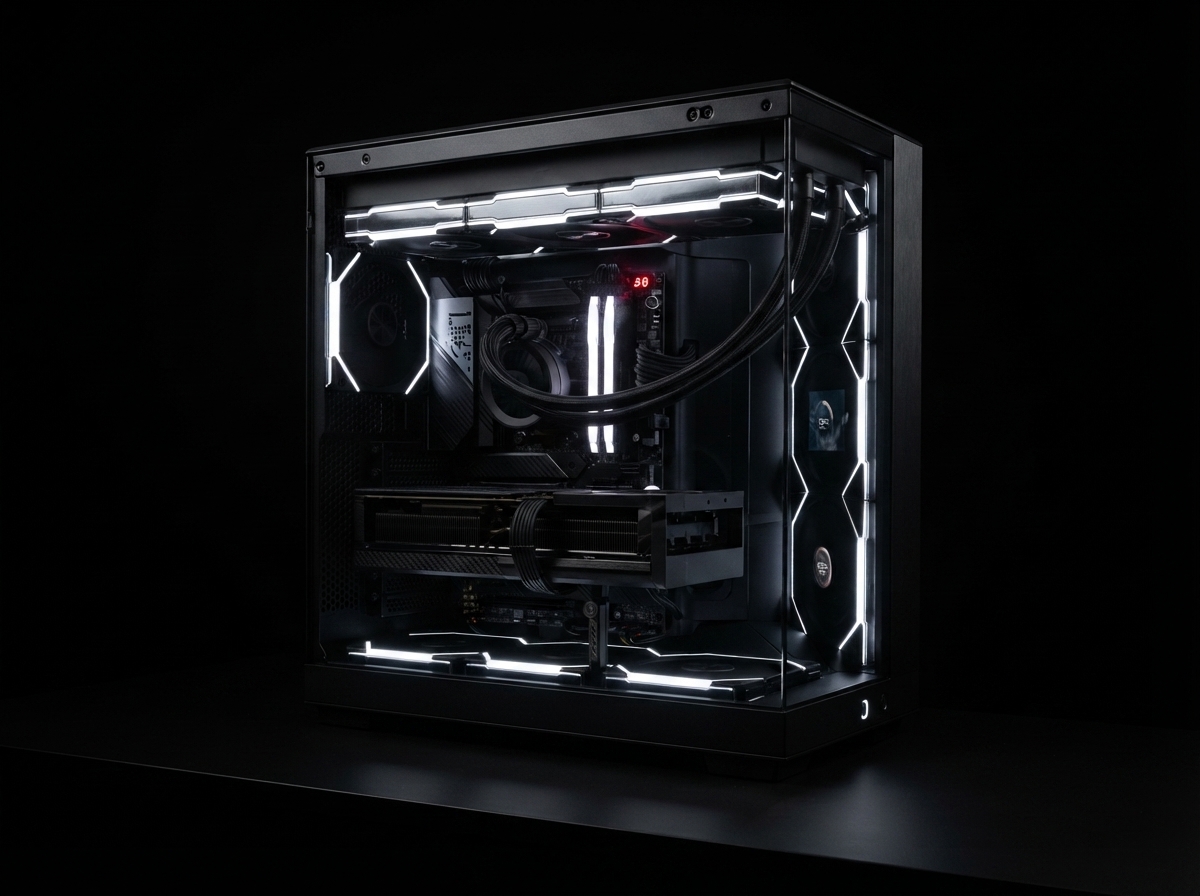 Titan X1 build — black case, three-quarter view