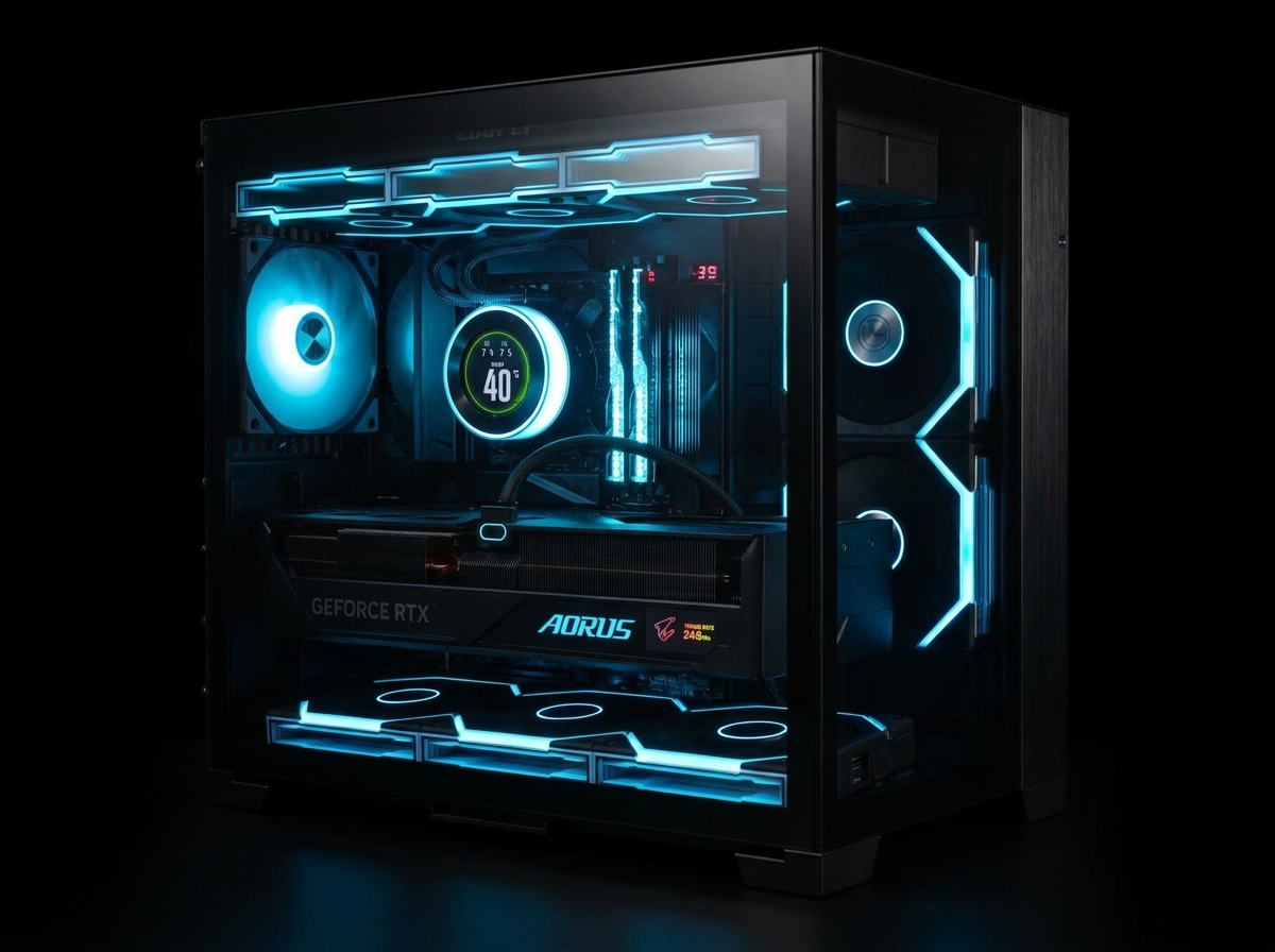 Monolith X1 build — Lian Li case, three-quarter view