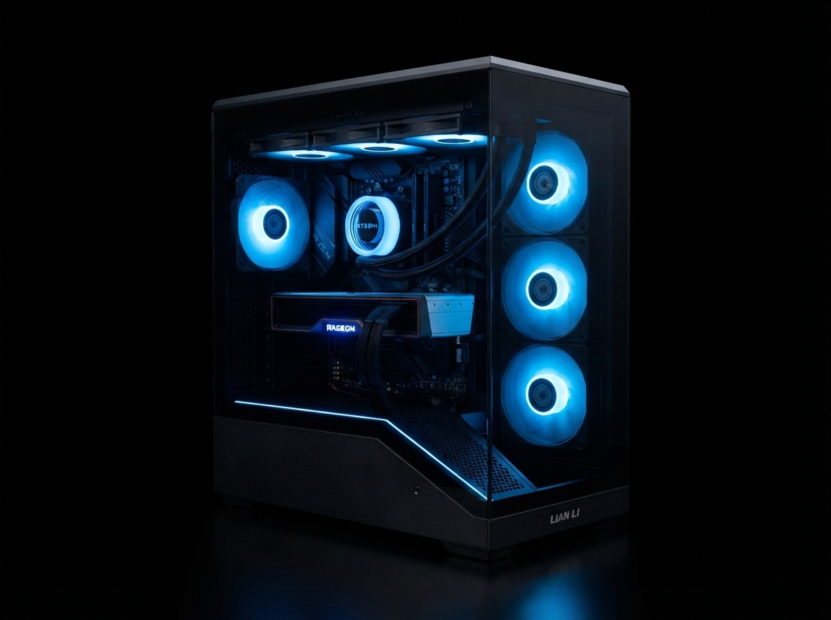 Onyx X1 build — Lian Li case, three-quarter view